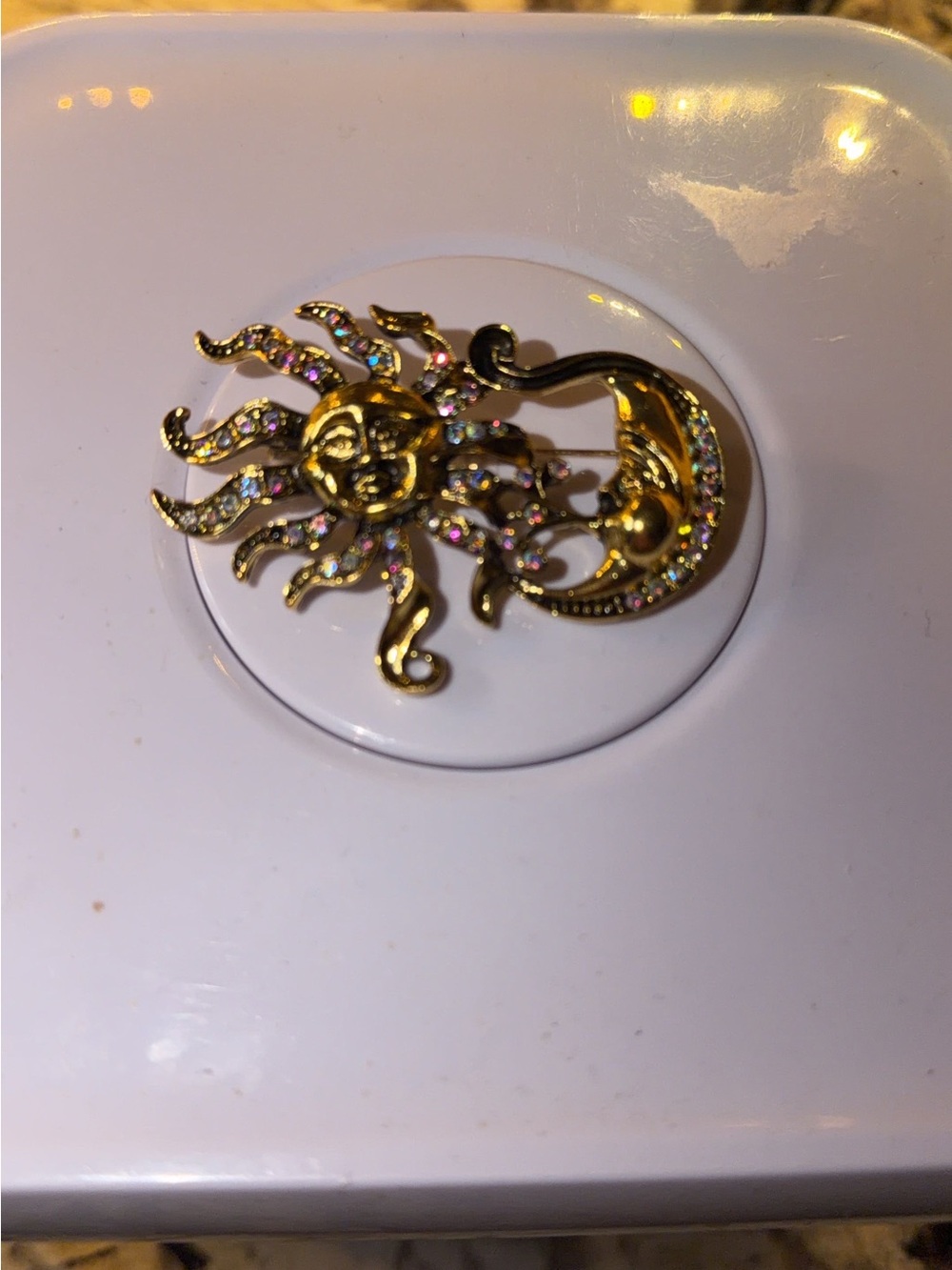 Gold Sun and Moon Crystal Brooch - Gold Tone Women’s Jewelry